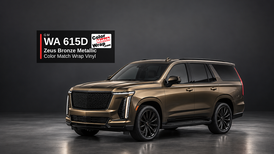 Illustrative Escalade-inspired full-size luxury SUV in GM WA 615D Zeus Bronze Metallic with Color Match Wrap branding