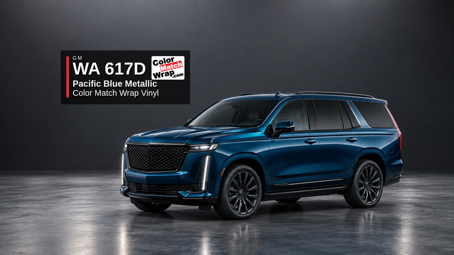 Illustrative Escalade-inspired full-size luxury SUV in GM WA 617D Pacific Blue Metallic / Atlantic Metallic with Color Match Wrap branding