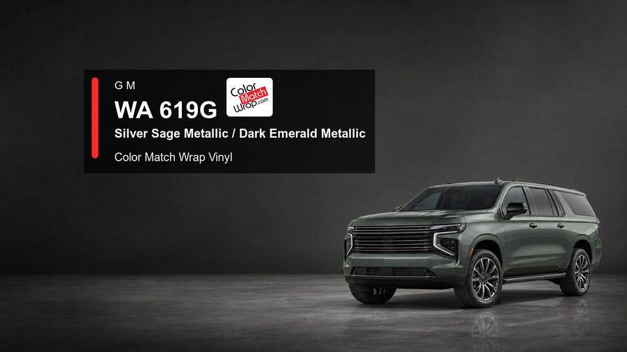 Generic full-size SUV in GM WA 619G Silver Sage Metallic and Dark Emerald Metallic with Color Match Wrap vinyl article branding