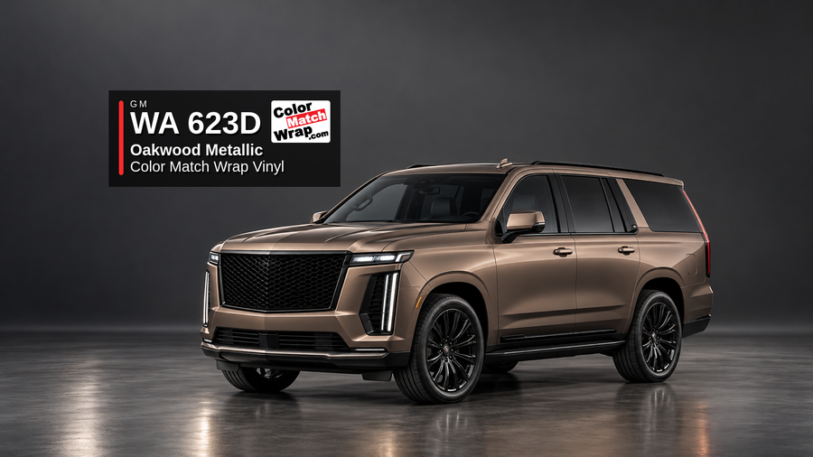 Illustrative Escalade-inspired full-size luxury SUV in GM WA 623D Oakwood Metallic with Color Match Wrap branding