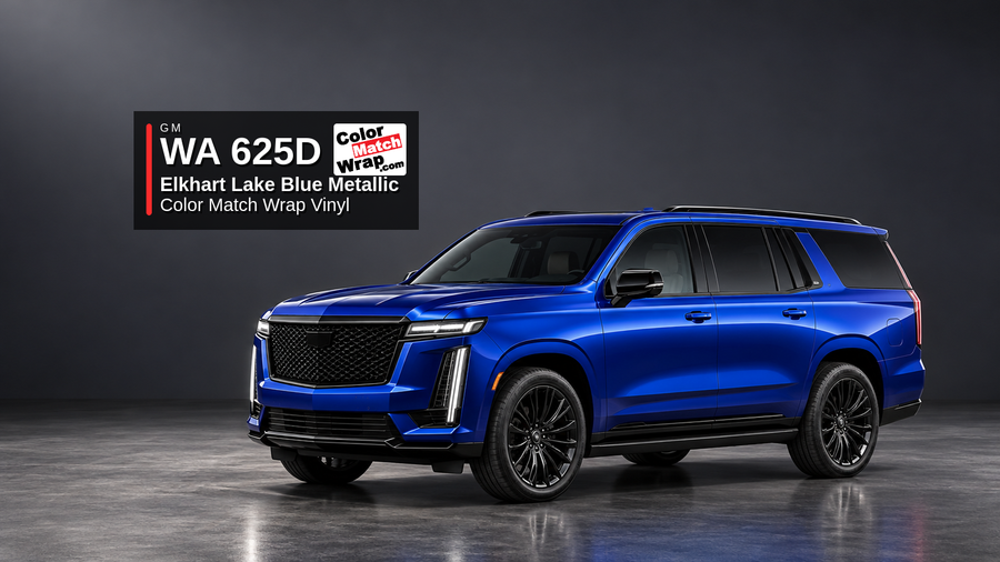 Illustrative Escalade-inspired full-size luxury SUV in GM WA 625D Elkhart Lake Blue Metallic with Color Match Wrap branding
