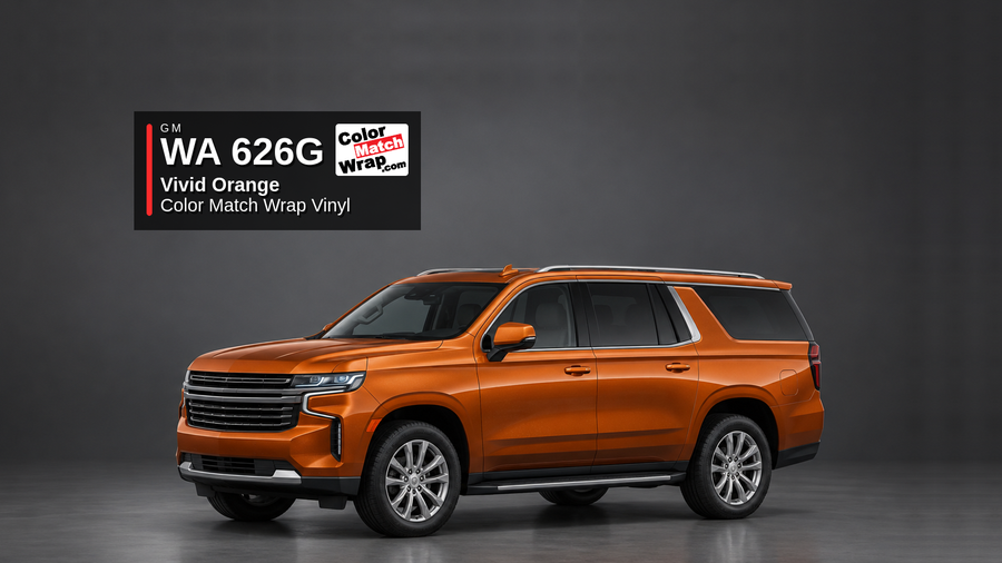 Illustrative Escalade-inspired full-size luxury SUV in GM WA 626G Vivid Orange Metallic with Color Match Wrap branding