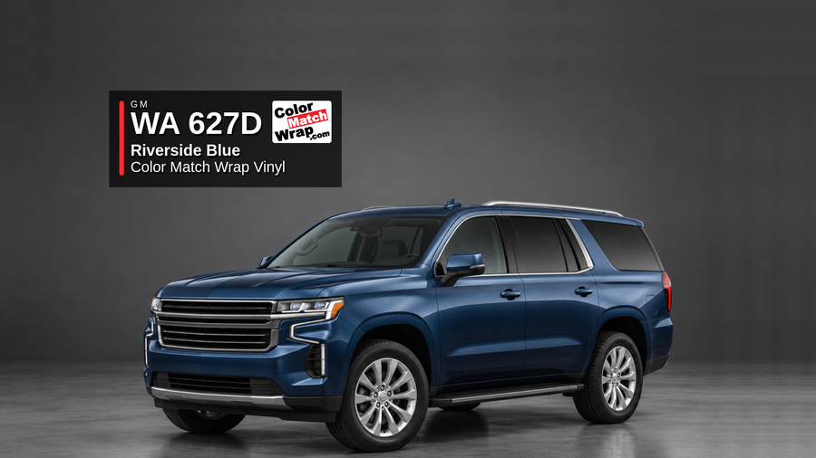 Illustrative Escalade-inspired full-size luxury SUV in GM WA 627D Riverside Blue Metallic with Color Match Wrap branding