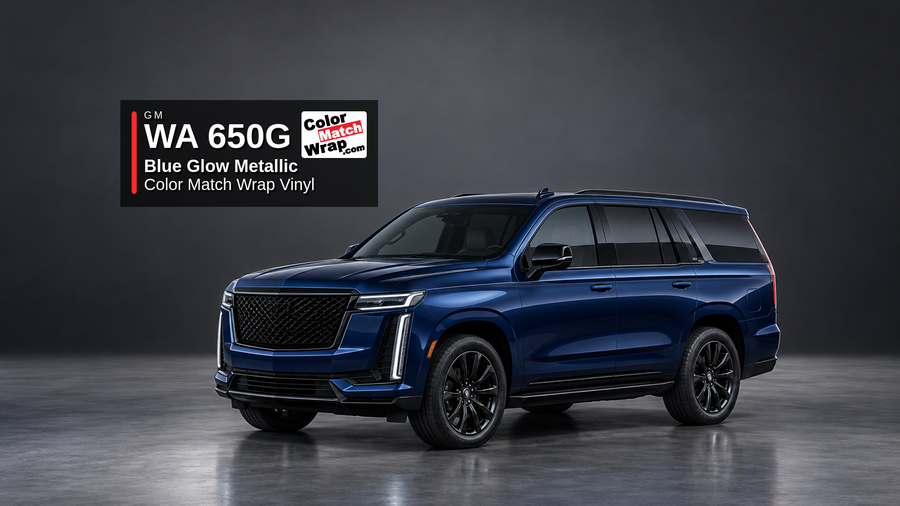Illustrative Escalade-inspired full-size luxury SUV in GM WA 650G Blue Glow Metallic / Sapphire Metallic with Color Match Wrap branding