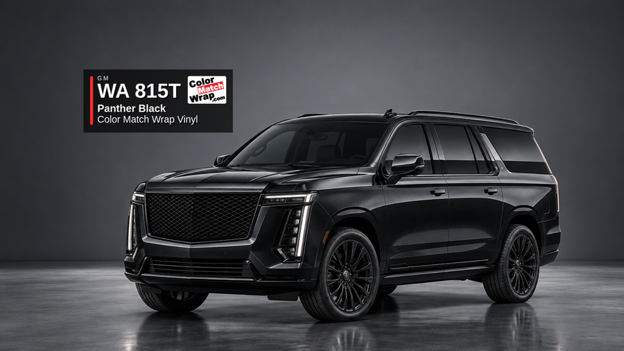 Illustrative Escalade-inspired full-size luxury SUV in GM WA 815T Panther Black Metallic Tintcoat with Color Match Wrap branding