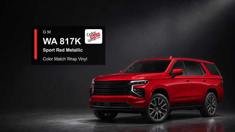 Generic full-size SUV in GM WA 817K Sport Red Metallic with Color Match Wrap vinyl article branding