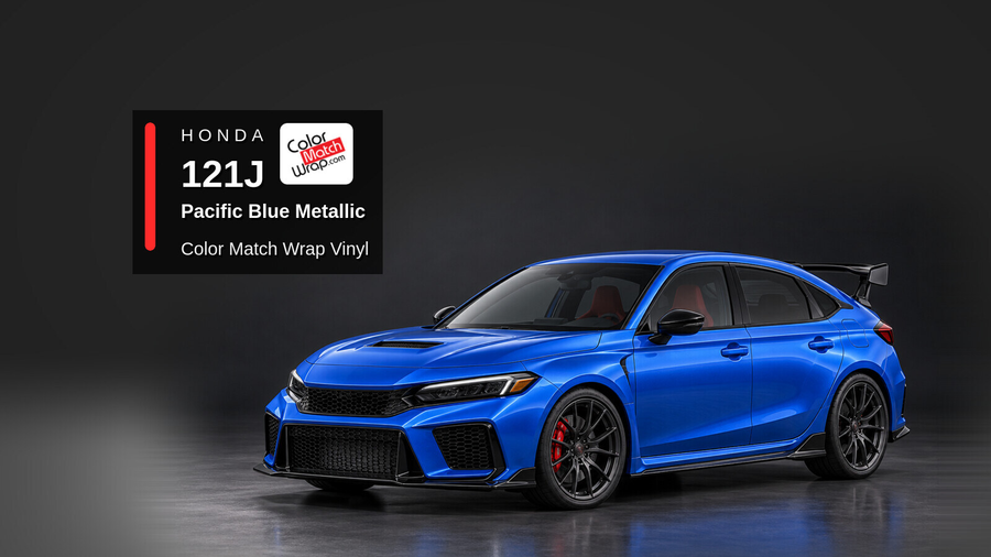 Illustrative Civic Type R-inspired hatchback in Honda 121J Pacific Blue Metallic with Color Match Wrap branding
