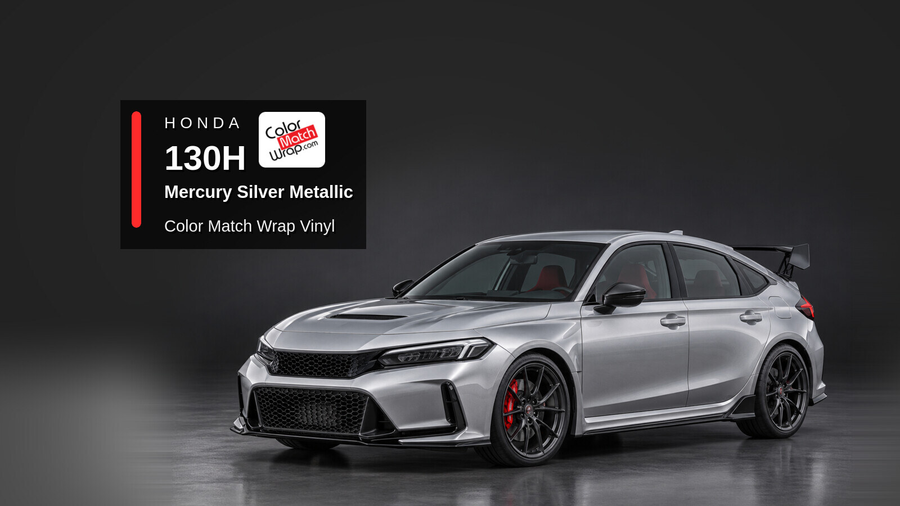 Illustrative Civic Type R-inspired hatchback in Honda 130H Mercury Silver Metallic with Color Match Wrap branding