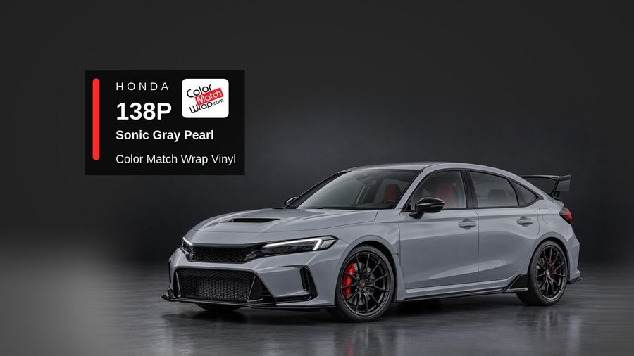 Illustrative Civic Type R-inspired hatchback in Honda 138P Sonic Gray Pearl with Color Match Wrap branding