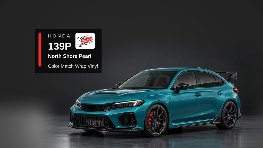 Illustrative Civic Type R-inspired hatchback in Honda 139P North Shore Pearl with Color Match Wrap branding