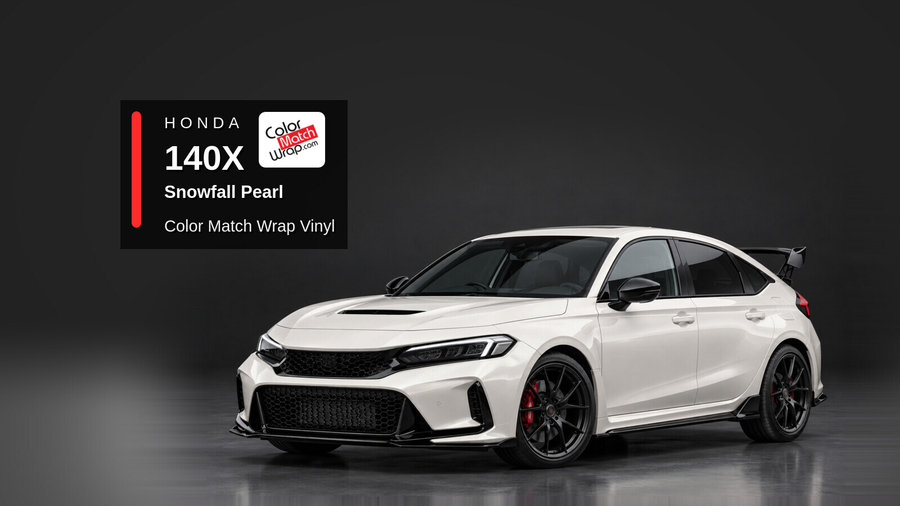 Illustrative Civic Type R-inspired hatchback in Honda 140X Snowfall Pearl with Color Match Wrap branding