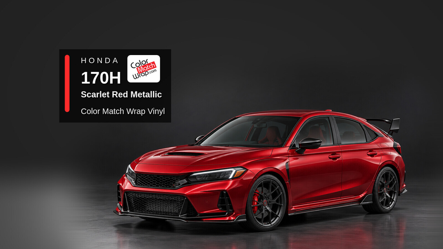Illustrative Civic Type R-inspired hatchback in Honda 170H Scarlet Red Metallic with Color Match Wrap branding