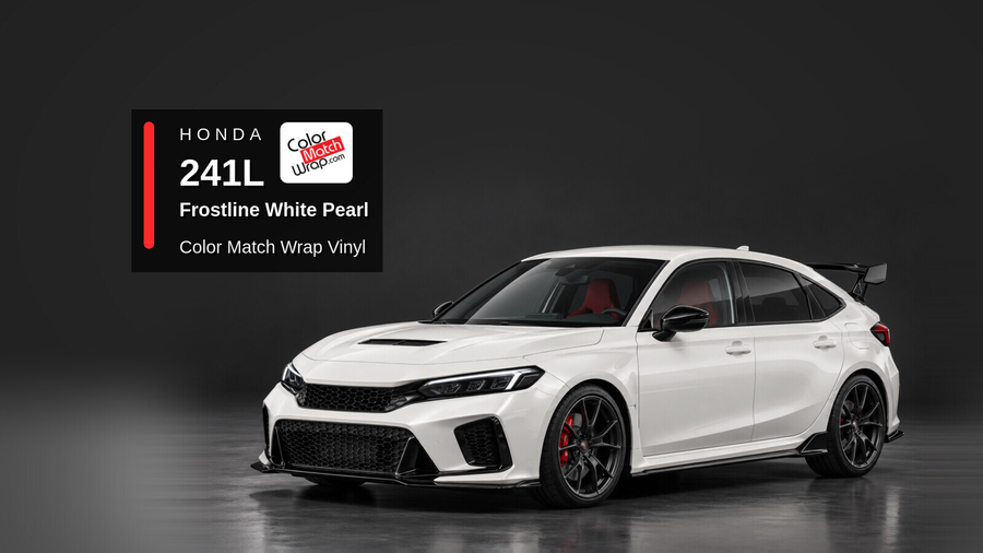 Illustrative Civic Type R-inspired hatchback in Honda 241L Frostline White Pearl with Color Match Wrap branding