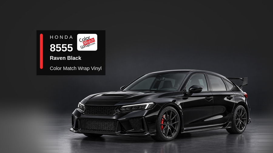 Illustrative Civic Type R-inspired hatchback in Honda 8555 Raven Black with Color Match Wrap branding