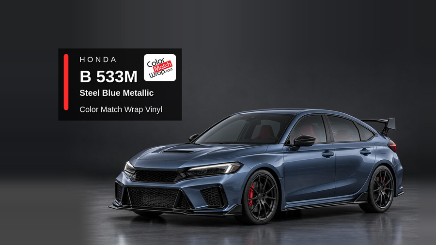 Illustrative Civic Type R-inspired hatchback in Honda B 533M Steel Blue Metallic with Color Match Wrap branding
