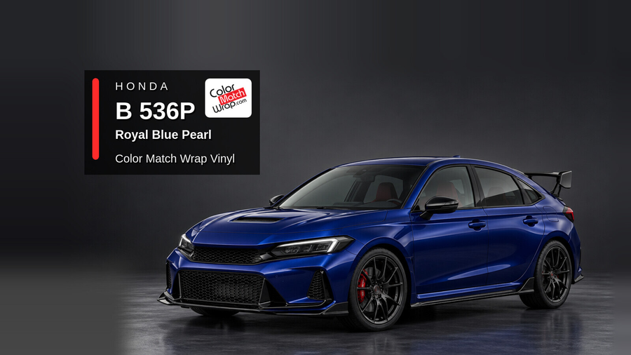 Illustrative Civic Type R-inspired hatchback in Honda B 536P Royal Blue Pearl with Color Match Wrap branding
