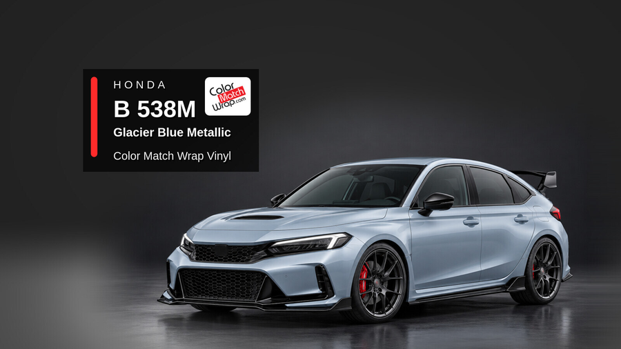 Illustrative Civic Type R-inspired hatchback in Honda B 538M Glacier Blue Metallic with Color Match Wrap branding