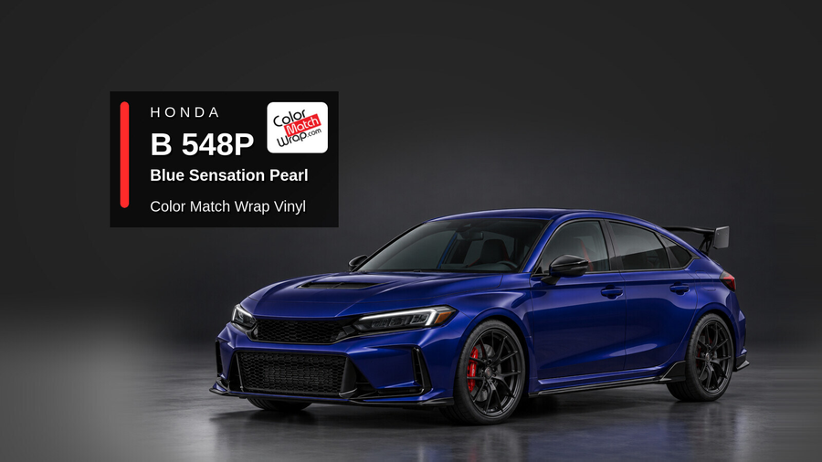Illustrative Civic Type R-inspired hatchback in Honda B 548P Blue Sensation Pearl with Color Match Wrap branding