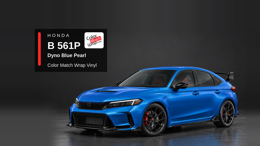 Illustrative Civic Type R-inspired hatchback in Honda B 561P Dyno Blue Pearl with Color Match Wrap branding