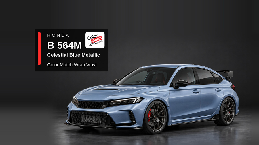 Illustrative Civic Type R-inspired hatchback in Honda B 564M Celestial Blue Metallic with Color Match Wrap branding