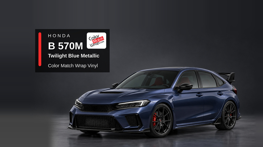 Illustrative Civic Type R-inspired hatchback in Honda B 570M Twilight Blue Metallic with Color Match Wrap branding