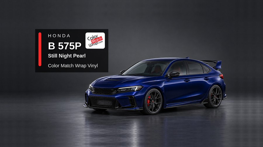 Illustrative Civic Type R-inspired hatchback in Honda B 575P Still Night Pearl with Color Match Wrap branding
