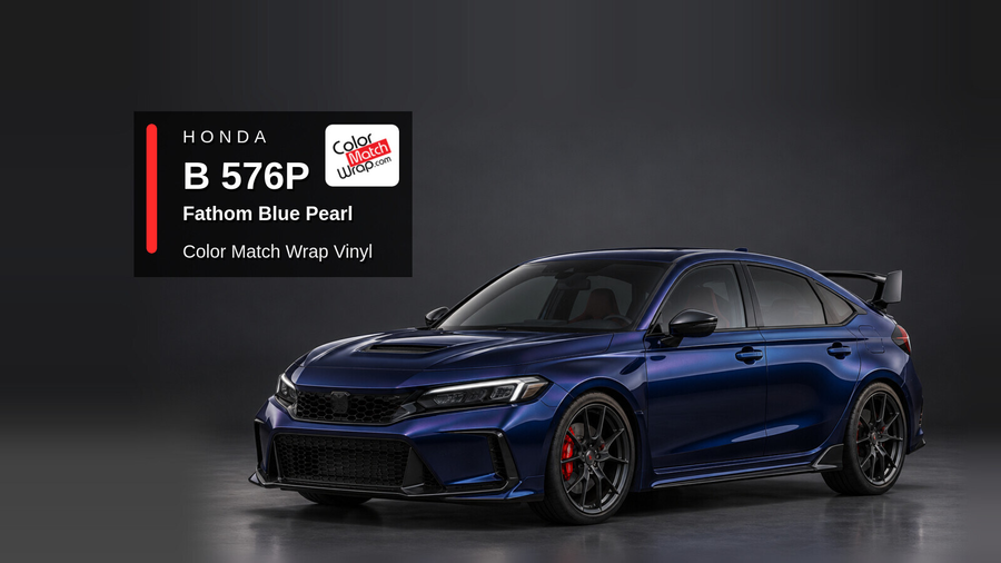 Illustrative Civic Type R-inspired hatchback in Honda B 576P Fathom Blue Pearl with Color Match Wrap branding