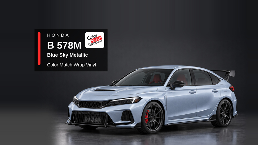Illustrative Civic Type R-inspired hatchback in Honda B 578M Blue Sky Metallic with Color Match Wrap branding