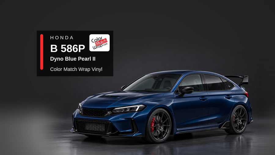 Illustrative Civic Type R-inspired hatchback in Honda B 586P Dyno Blue Pearl II with Color Match Wrap branding