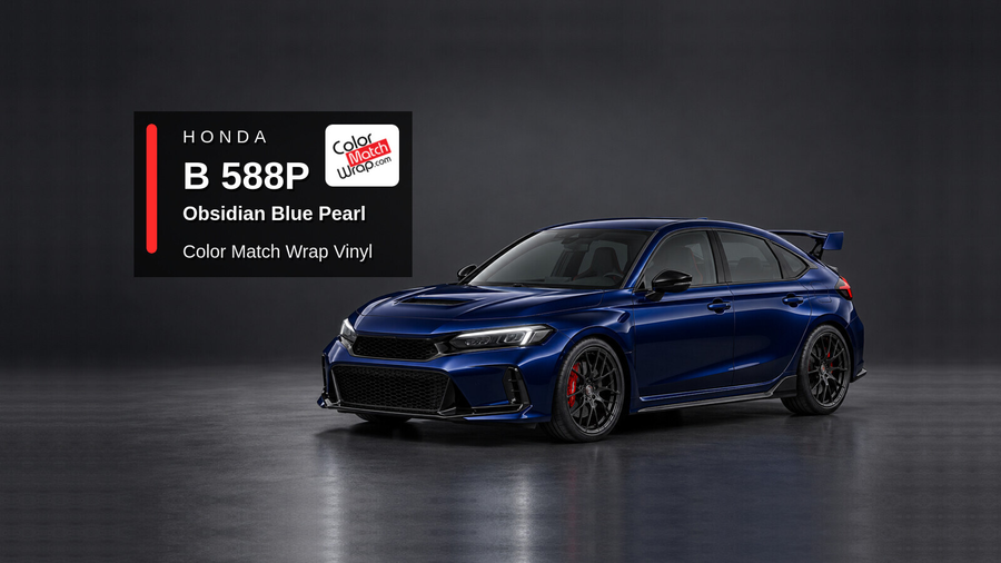 Illustrative Civic Type R-inspired hatchback in Honda B 588P Obsidian Blue Pearl with Color Match Wrap branding