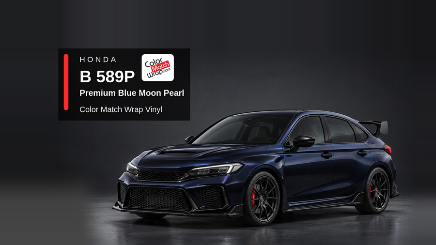 Illustrative Civic Type R-inspired hatchback in Honda B 589P Premium Blue Moon Pearl with Color Match Wrap branding
