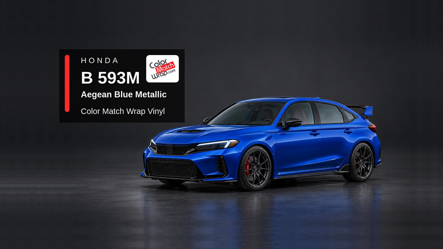 Illustrative Civic Type R-inspired hatchback in Honda B 593M Aegean Blue Metallic with Color Match Wrap branding