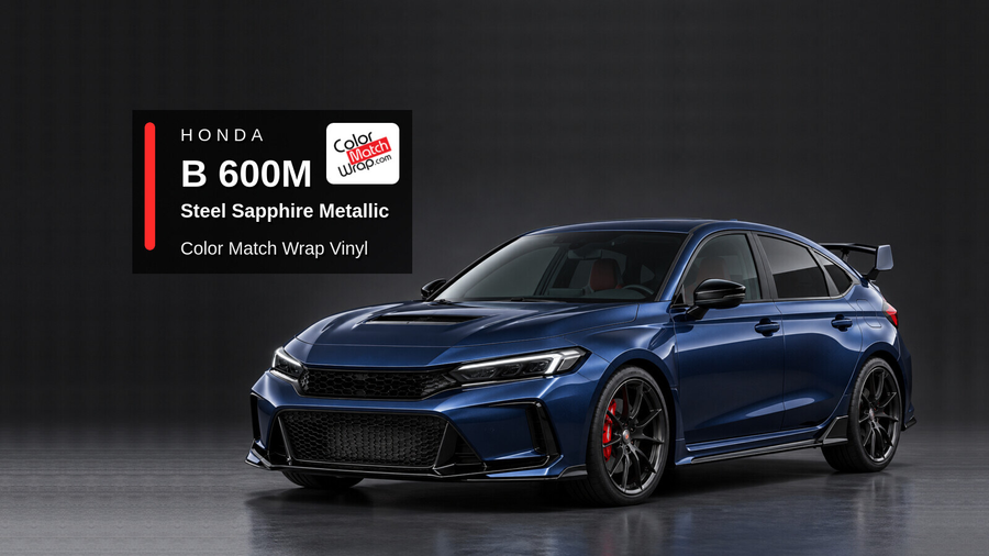 Illustrative Civic Type R-inspired hatchback in Honda B 600M Steel Sapphire Metallic with Color Match Wrap branding