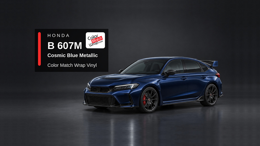 Illustrative Civic Type R-inspired hatchback in Honda B 607M Cosmic Blue Metallic with Color Match Wrap branding