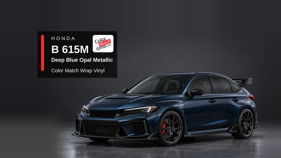 Illustrative Civic Type R-inspired hatchback in Honda B 615M Deep Blue Opal Metallic with Color Match Wrap branding