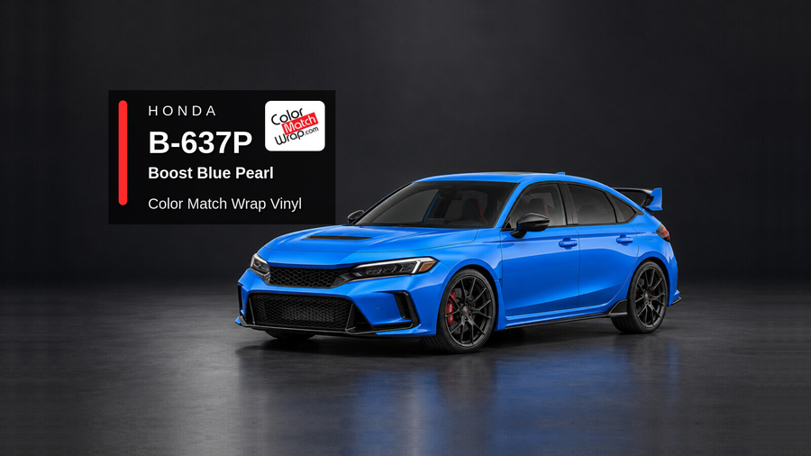 Illustrative Civic Type R-inspired hatchback in Honda B 637P Boost Blue Pearl with Color Match Wrap branding