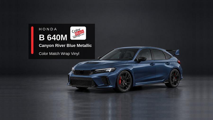 Illustrative Civic Type R-inspired hatchback in Honda B 640M Canyon River Blue Metallic with Color Match Wrap branding