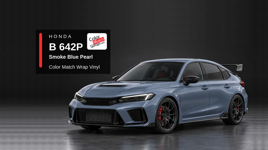 Illustrative Civic Type R-inspired hatchback in Honda B 642P Smoke Blue Pearl with Color Match Wrap branding