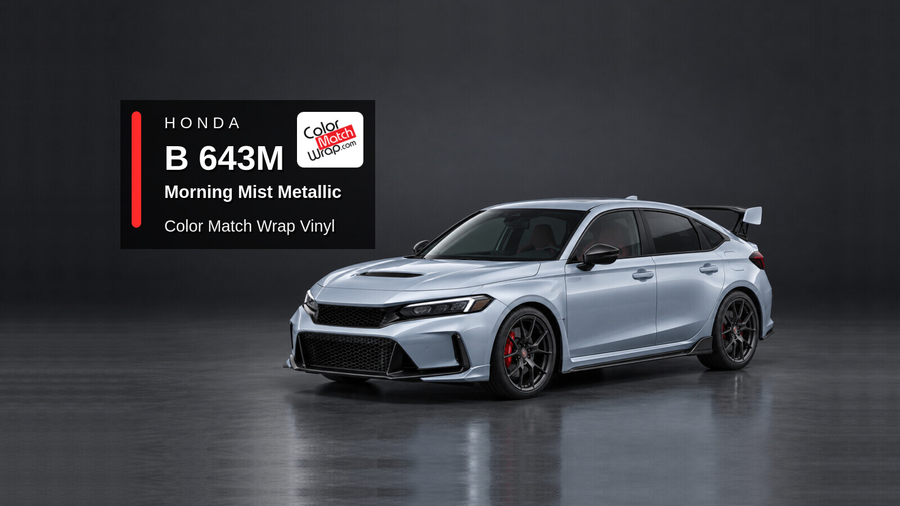 Illustrative Civic Type R-inspired hatchback in Honda B 643M Morning Mist Metallic with Color Match Wrap branding
