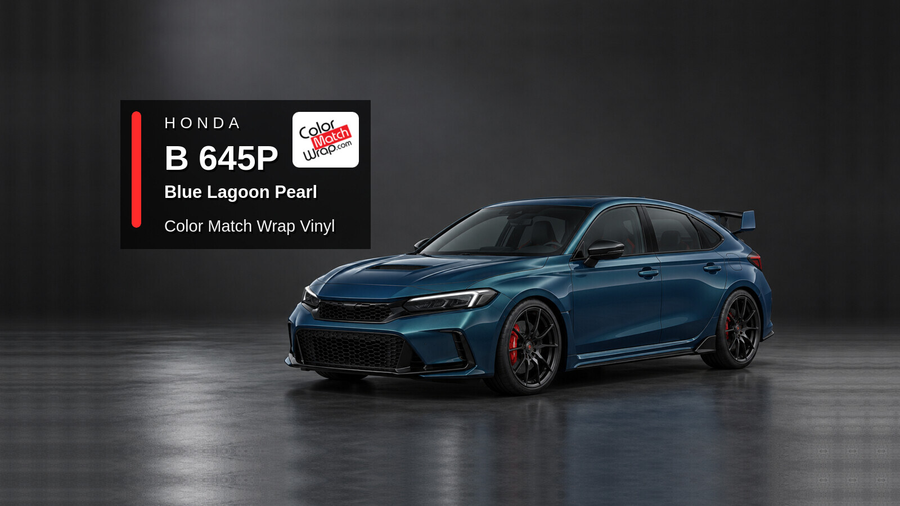 Illustrative Civic Type R-inspired hatchback in Honda B 645P Blue Lagoon Pearl with Color Match Wrap branding