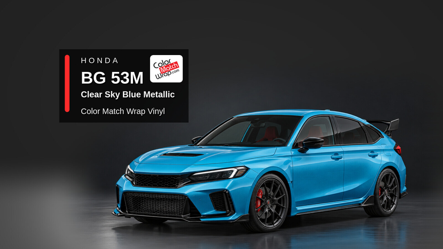 Illustrative Civic Type R-inspired hatchback in Honda BG 53M Clear Sky Blue Metallic with Color Match Wrap branding