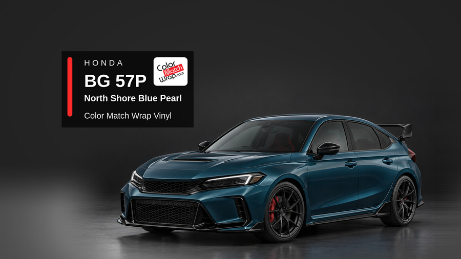 Illustrative Civic Type R-inspired hatchback in Honda BG 57P North Shore Blue Pearl with Color Match Wrap branding