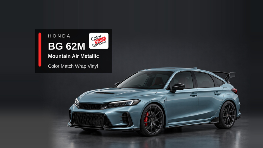 Illustrative Civic Type R-inspired hatchback in Honda BG 62M Mountain Air Metallic with Color Match Wrap branding