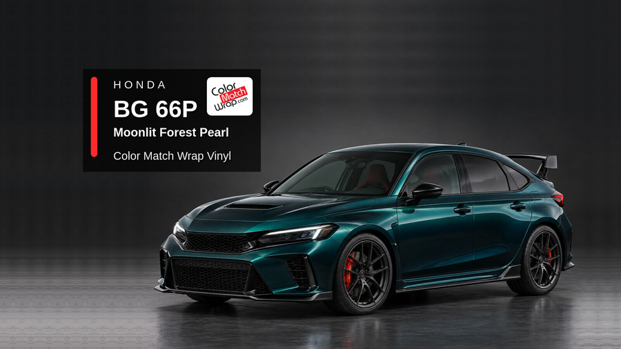 Illustrative Civic Type R-inspired hatchback in Honda BG 66P Moonlit Forest Pearl with Color Match Wrap branding