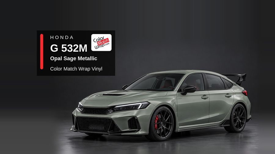 Illustrative Civic Type R-inspired hatchback in Honda G 532M Opal Sage Metallic with Color Match Wrap branding