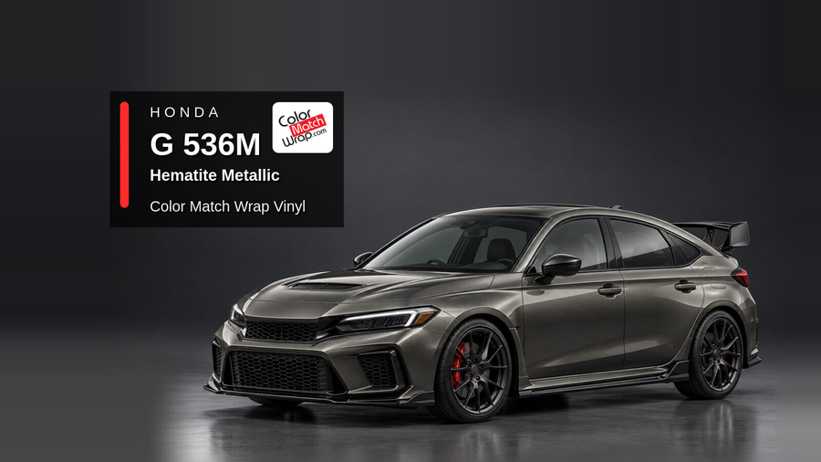 Illustrative Civic Type R-inspired hatchback in Honda G 536M Hematite Metallic with Color Match Wrap branding