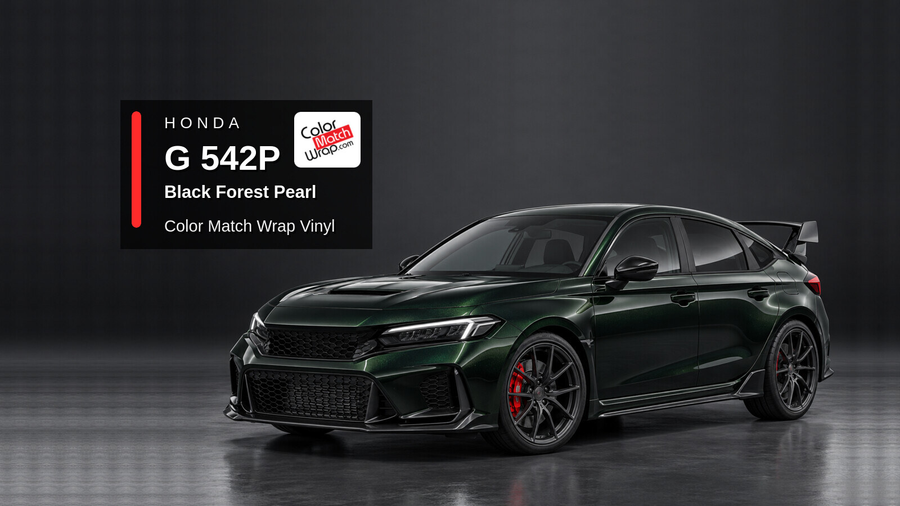 Illustrative Civic Type R-inspired hatchback in Honda G 542P Black Forest Pearl with Color Match Wrap branding