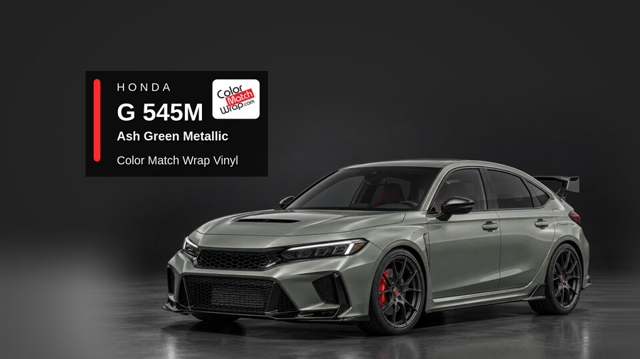 Illustrative Civic Type R-inspired hatchback in Honda G 545M Ash Green Metallic with Color Match Wrap branding
