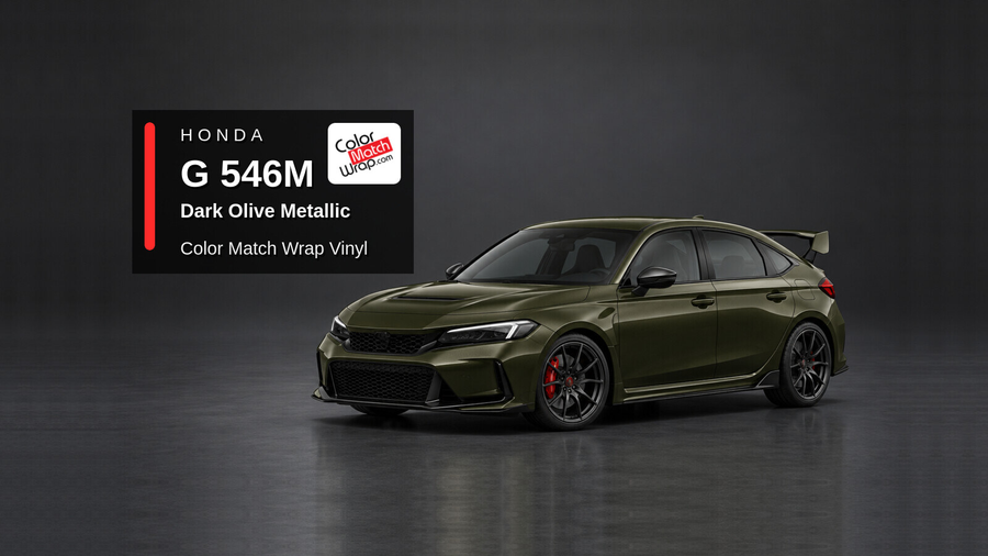 Illustrative Civic Type R-inspired hatchback in Honda G 546M Dark Olive Metallic with Color Match Wrap branding