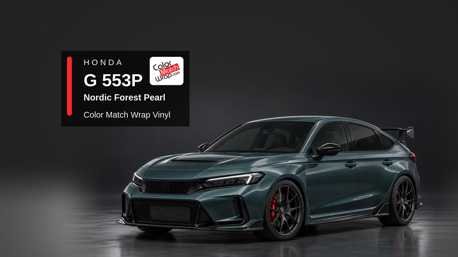 Illustrative Civic Type R-inspired hatchback in Honda G 553P Nordic Forest Pearl with Color Match Wrap branding